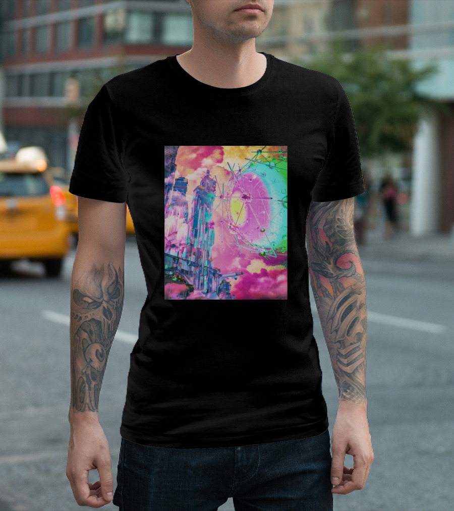 Hue Temple Psychedelic Neon Skyline and Abstract Sphere T-Shirt