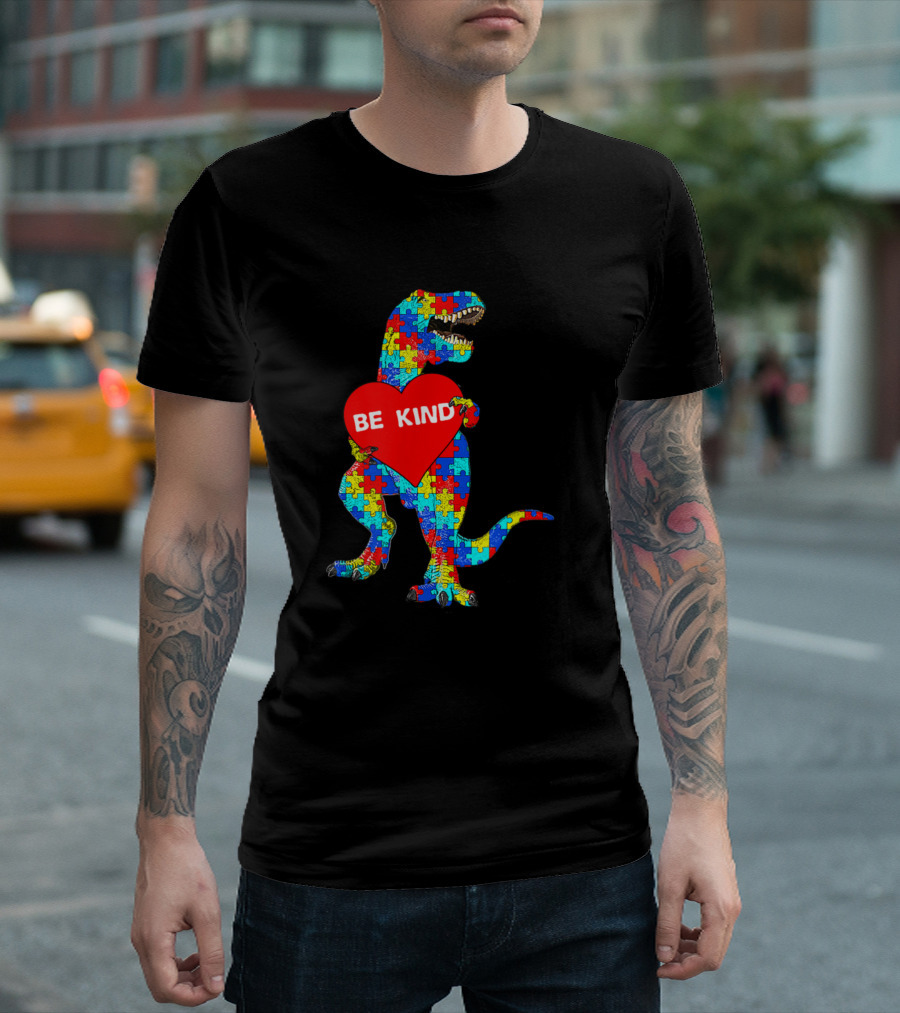 Be Kind Autism Puzzle T-Rex Holding Heart T-Shirt