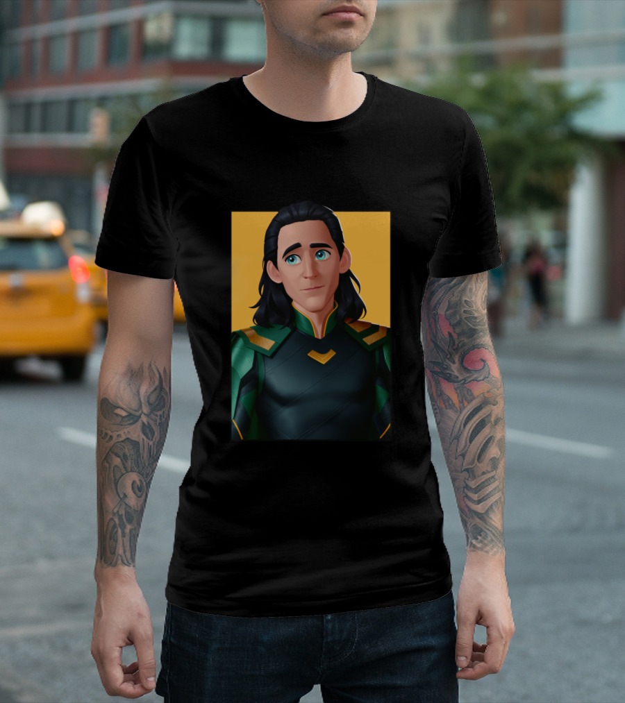 Loki Animated Style Black and Green Outfit Yellow Background T-Shirt