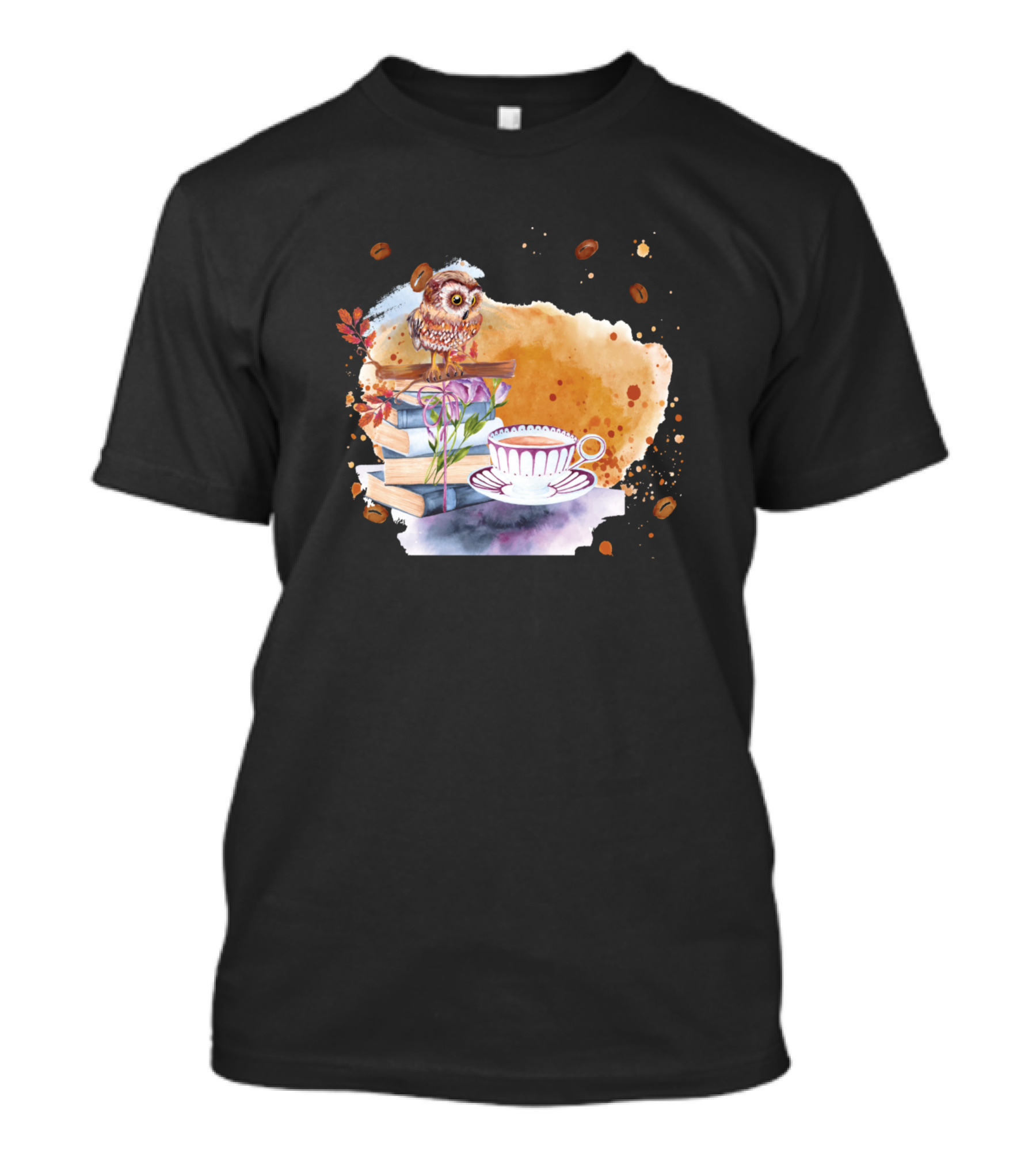 Owl Perched On Books With Coffee Cup And Floral Accents T-Shirt