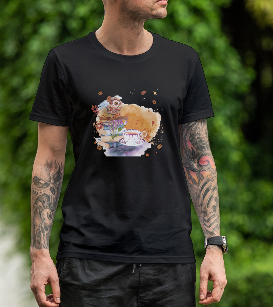 Owl Perched On Books With Coffee Cup And Floral Accents T-Shirt