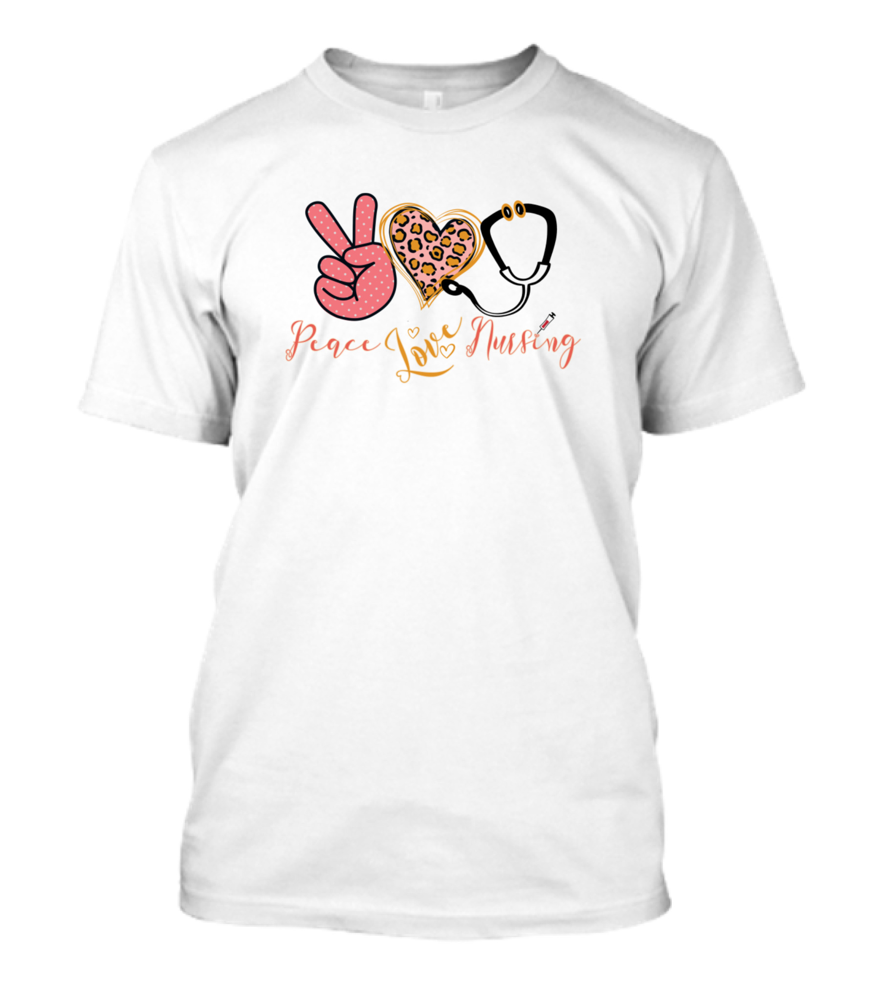 Peace Love Nursing Nurse Cute Stethoscope Leopard Heart T-Shirt