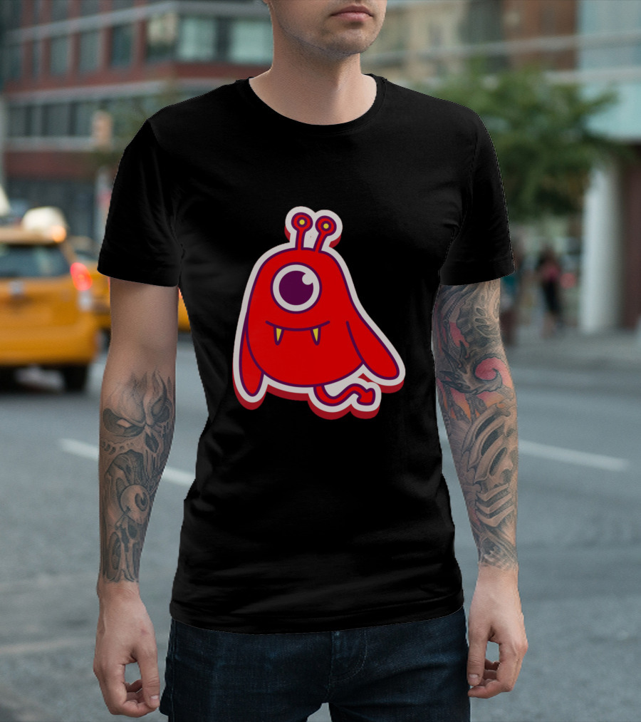 Red One-Eyed Cartoon Monster With Yellow Fangs T-Shirt
