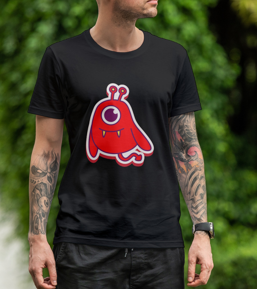 Red One-Eyed Cartoon Monster With Yellow Fangs T-Shirt