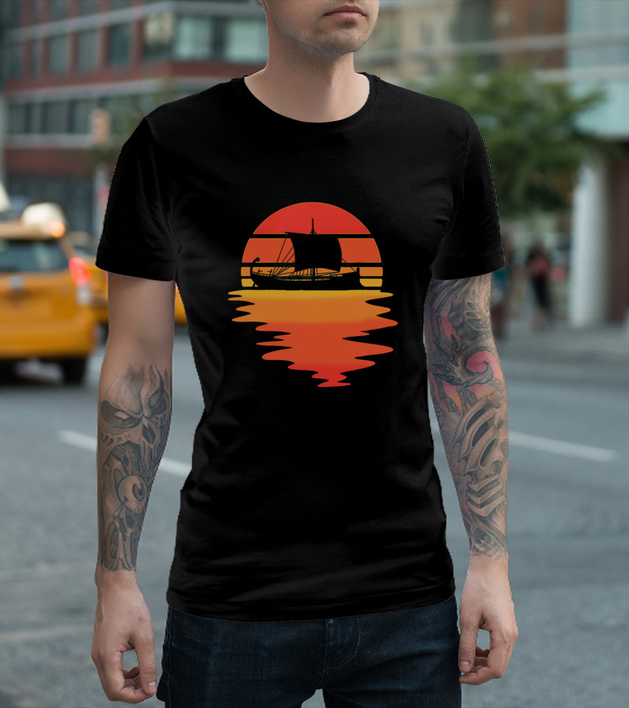 Retro Sunset Ancient Ship Cool Water Reflection T-Shirt