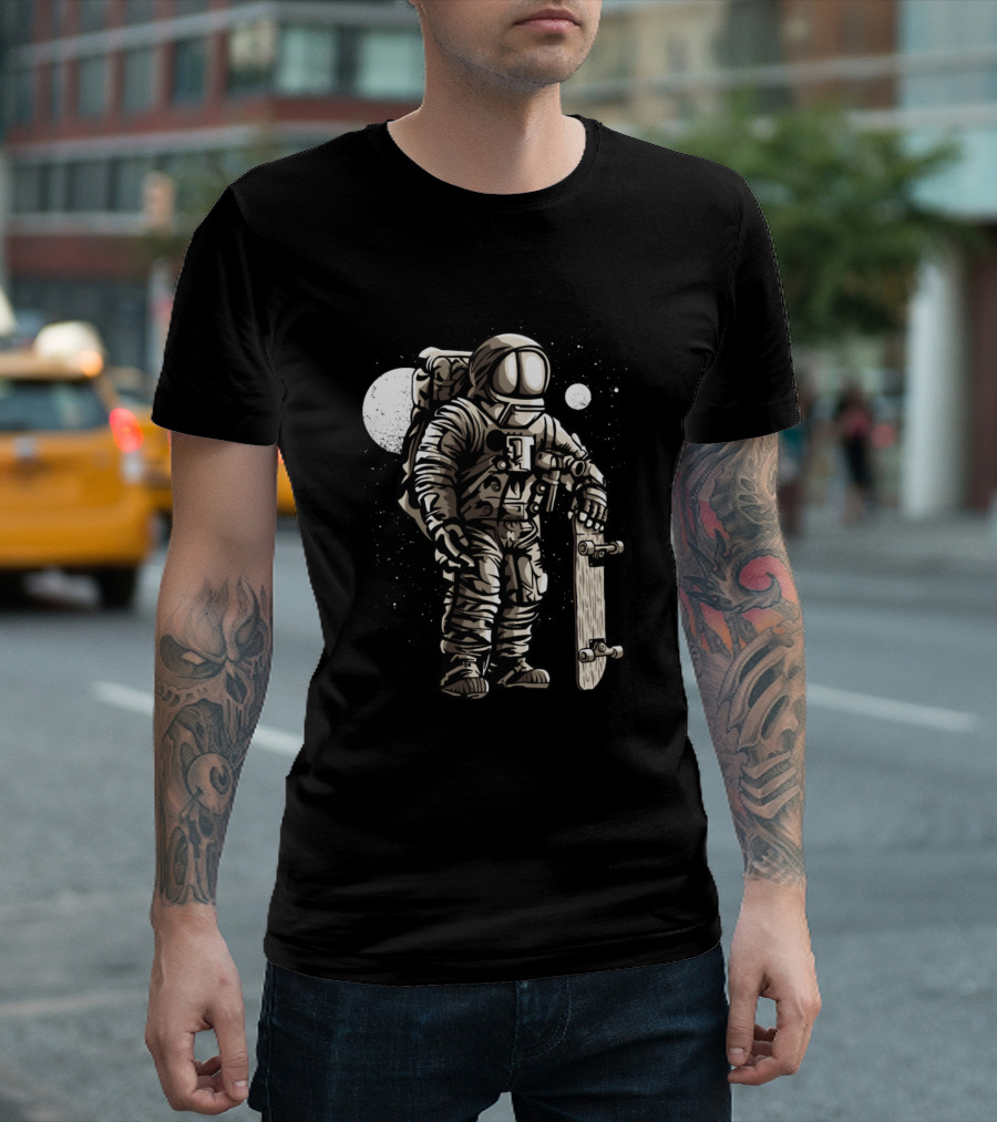Space Astronaut Skater In Cosmic Galaxy Adventure T-Shirt