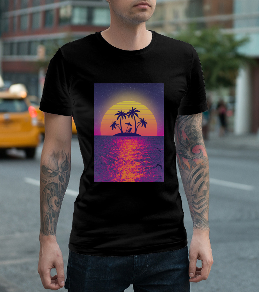 Sunset Island Tropical Paradise With Palm Trees And Vibrant Horizon T-Shirt