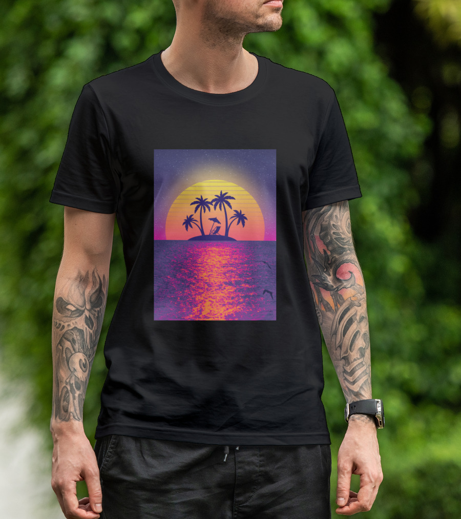 Sunset Island Tropical Paradise With Palm Trees And Vibrant Horizon T-Shirt