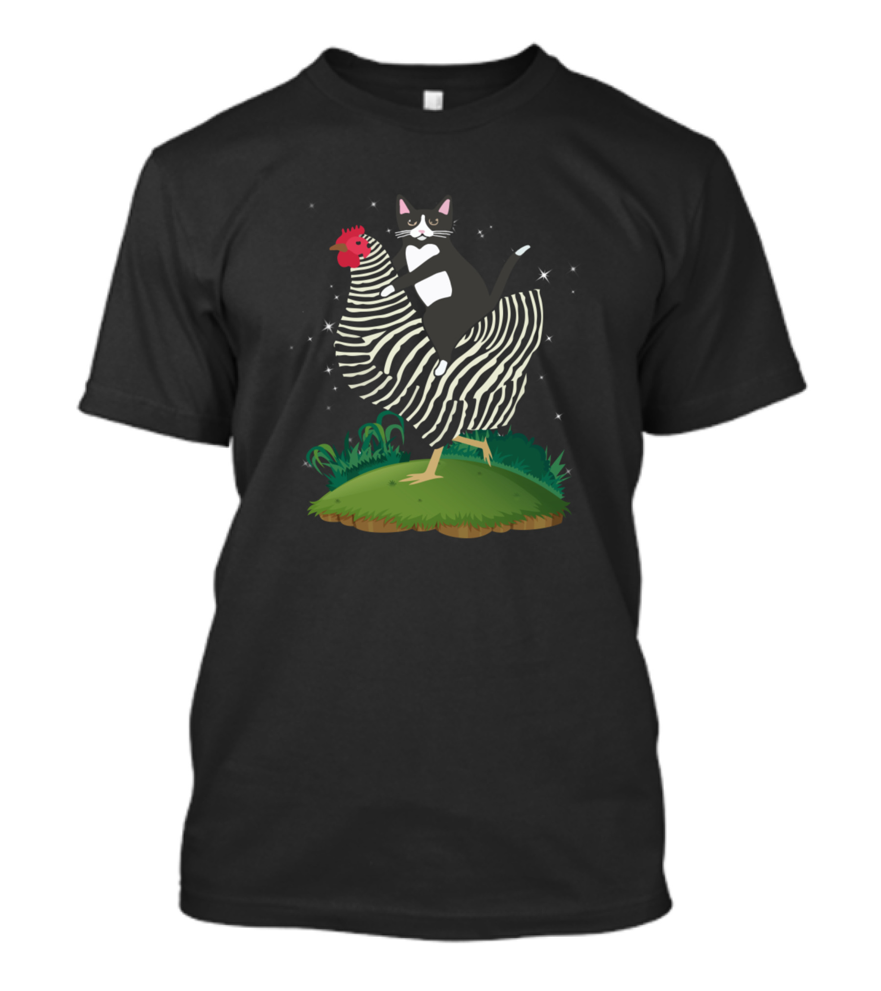 Tuxedo Cat Riding A Striped Chicken On Grass With Stars T-Shirt