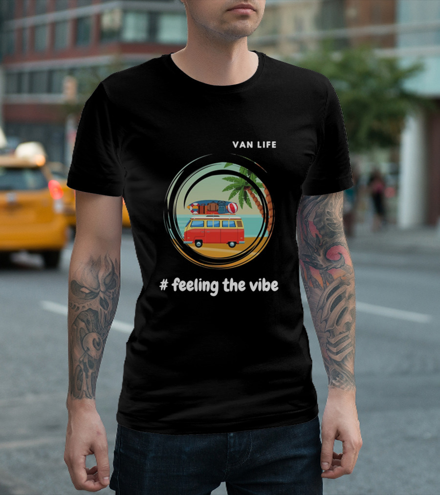 Van Life Beach Vibe with Retro Red Van and Palm Trees T-Shirt