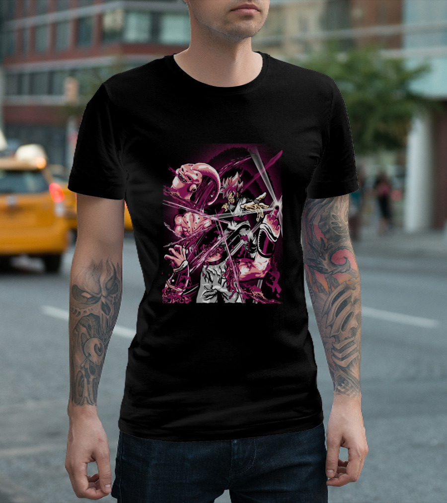 Brutal Majin Fusion Battle Scene with Iconic Cosmic Powers and Energy Blasts T-Shirt