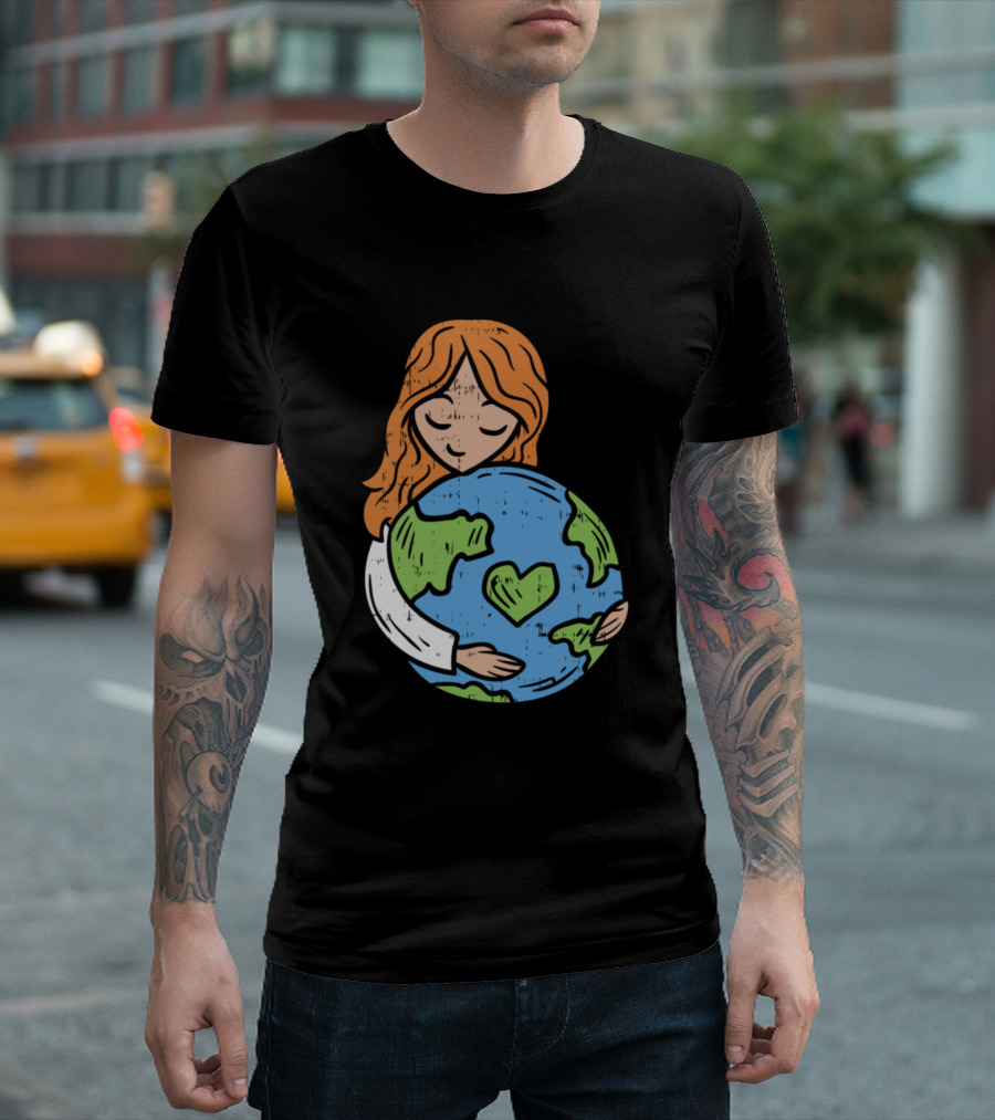 Cute Girl Hug Heart Planet Earth Day Save Environment T-Shirt
