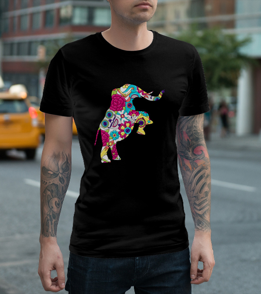 Day Of Dead Sugar Skull Elephant Colorful Floral T-Shirt