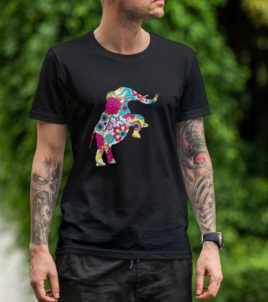 Day Of Dead Sugar Skull Elephant Colorful Floral T-Shirt