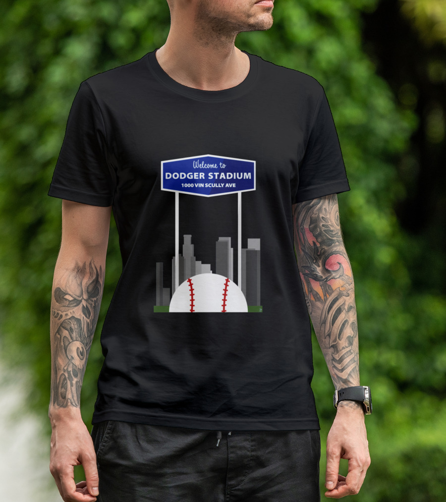 Welcome To Dodger Stadium 1000 Vin Scully Ave Baseball Skyline T-Shirt