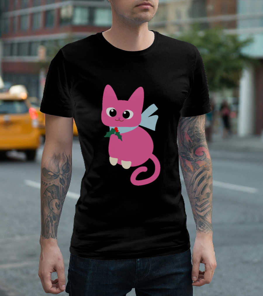 Funny Cute Cat Girly Pink Feline with Scarf and Holly T-Shirt
