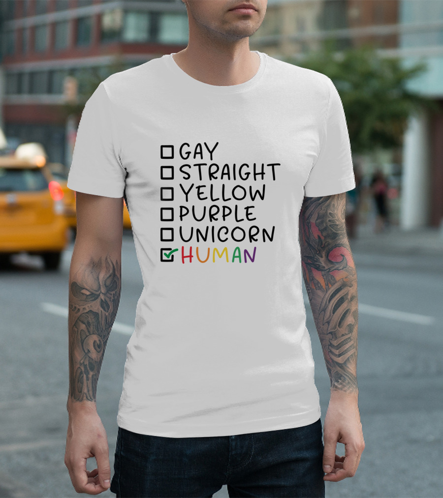 Gay Straight Yellow Purple Unicorn Human Check Human T-Shirt