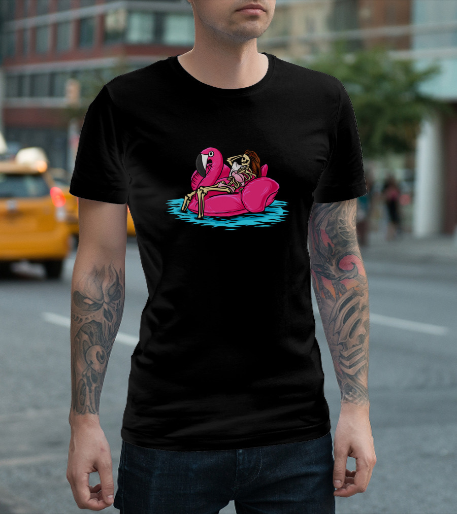 Girl Skeleton Relaxing on Flamingo Float in Swimming Pool T-Shirt