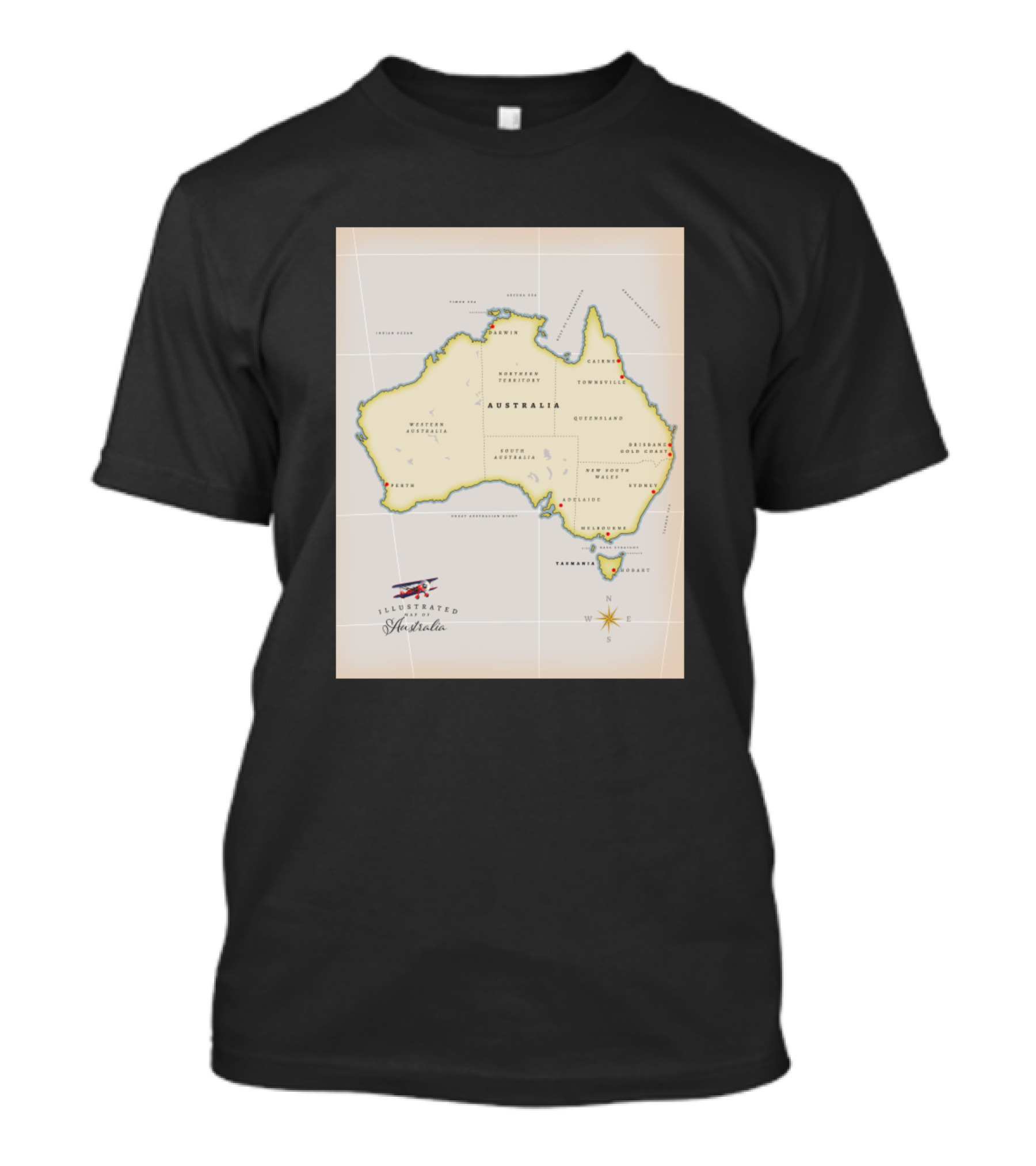Illustrated Australia Map With Iconic Coastal Cities And Vintage Airplane T-Shirt