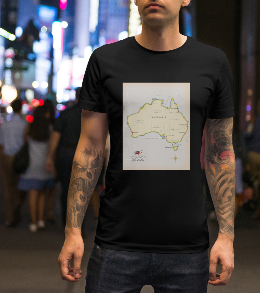Illustrated Australia Map With Iconic Coastal Cities And Vintage Airplane T-Shirt