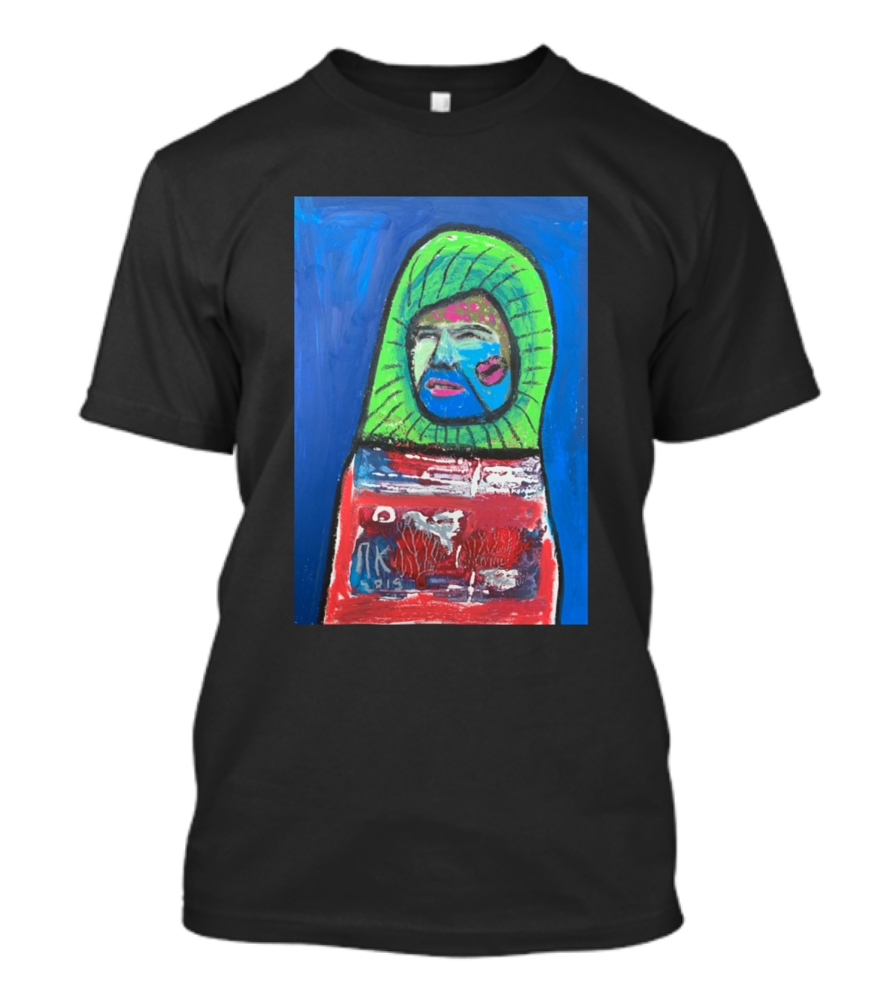 Kissed Vibrant Abstract Figure With Green Hood And Colorful Face T-Shirt