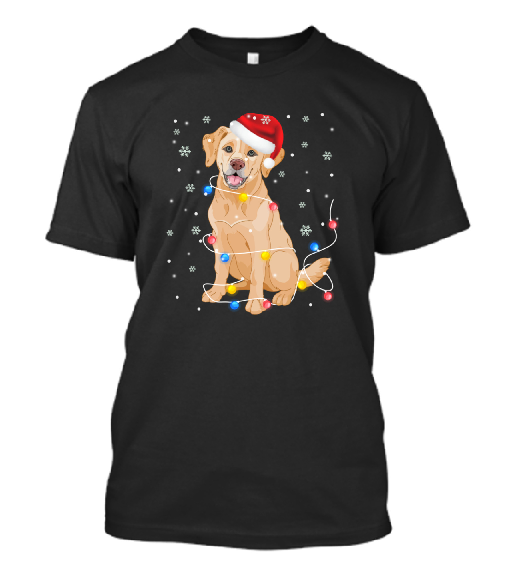 Labrador Dog Santa Hat Christmas Lights Snowflakes T-Shirt