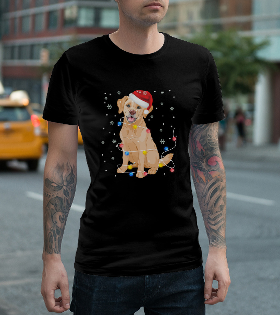 Labrador Dog Santa Hat Christmas Lights Snowflakes T-Shirt