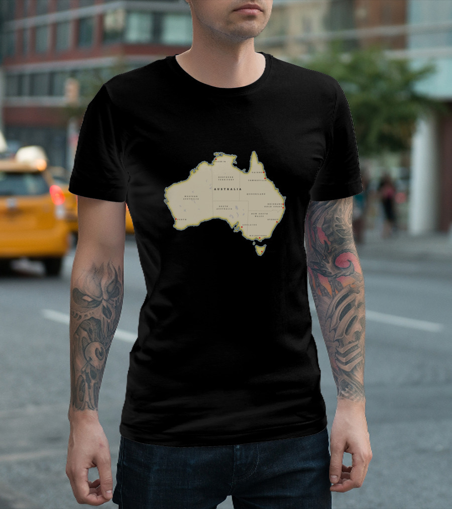 Australia Map with Cities Brisbane Adelaide Melbourne Sydney Darwin Canberra T-Shirt