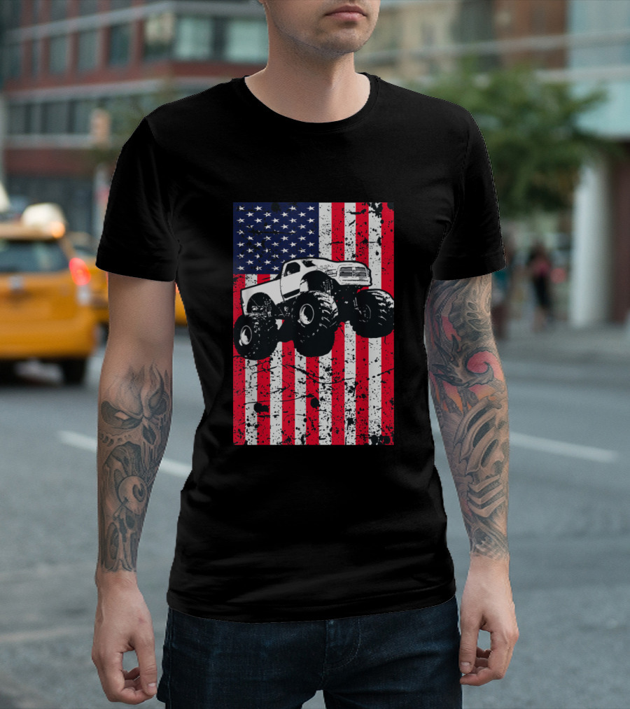 Monster Truck Racing American Flag USA Patriotic T-Shirt