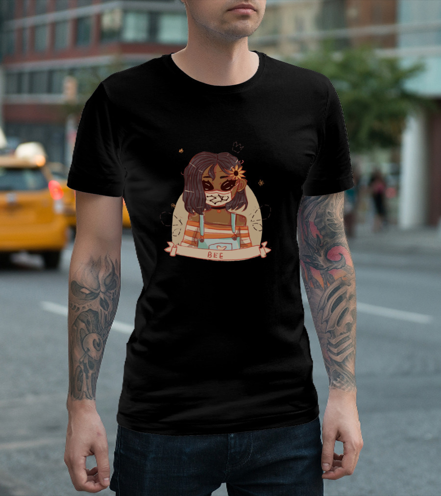 Bee Character with Striped Shirt and Flower Accessory T-Shirt