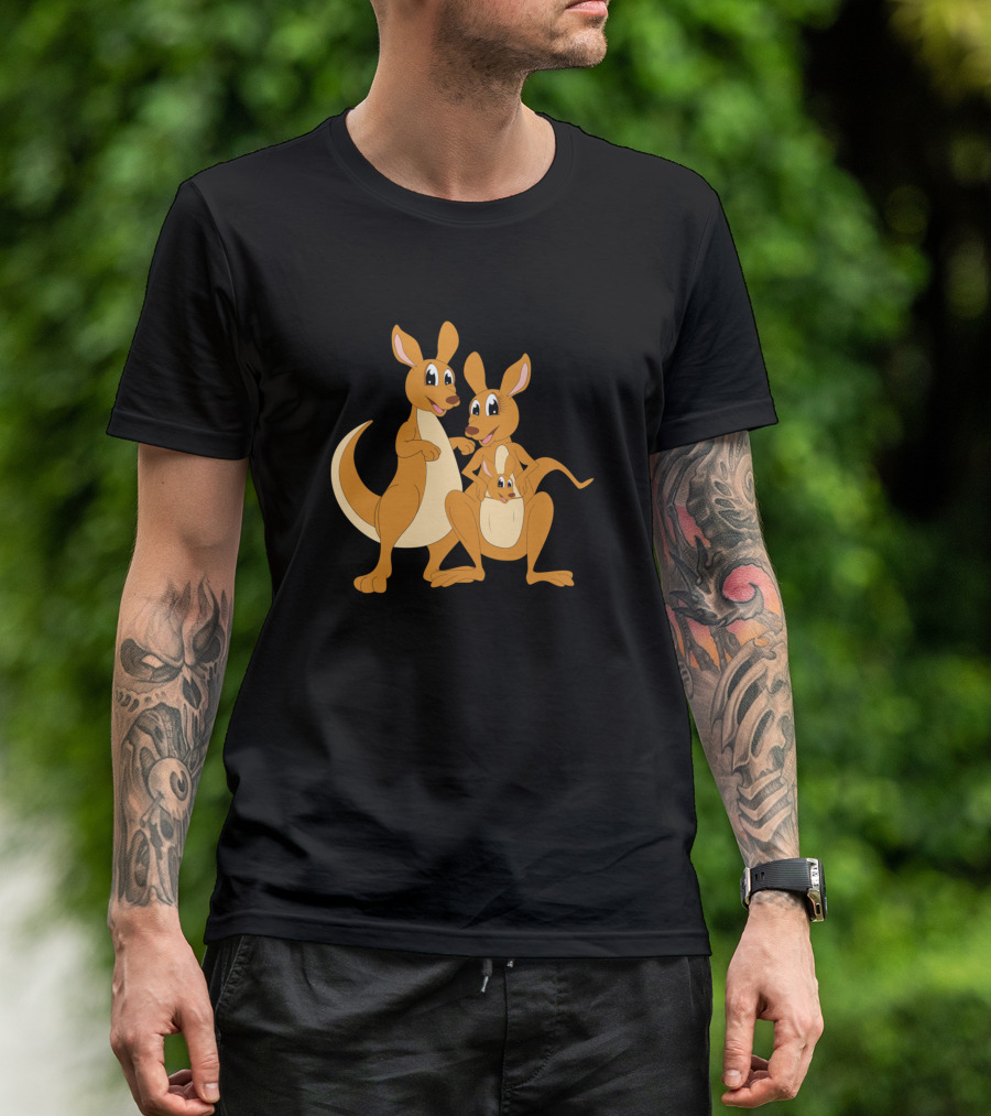 Children Cartoon Kangaroo Family Motif Playful Joey And Parent Duo T-Shirt