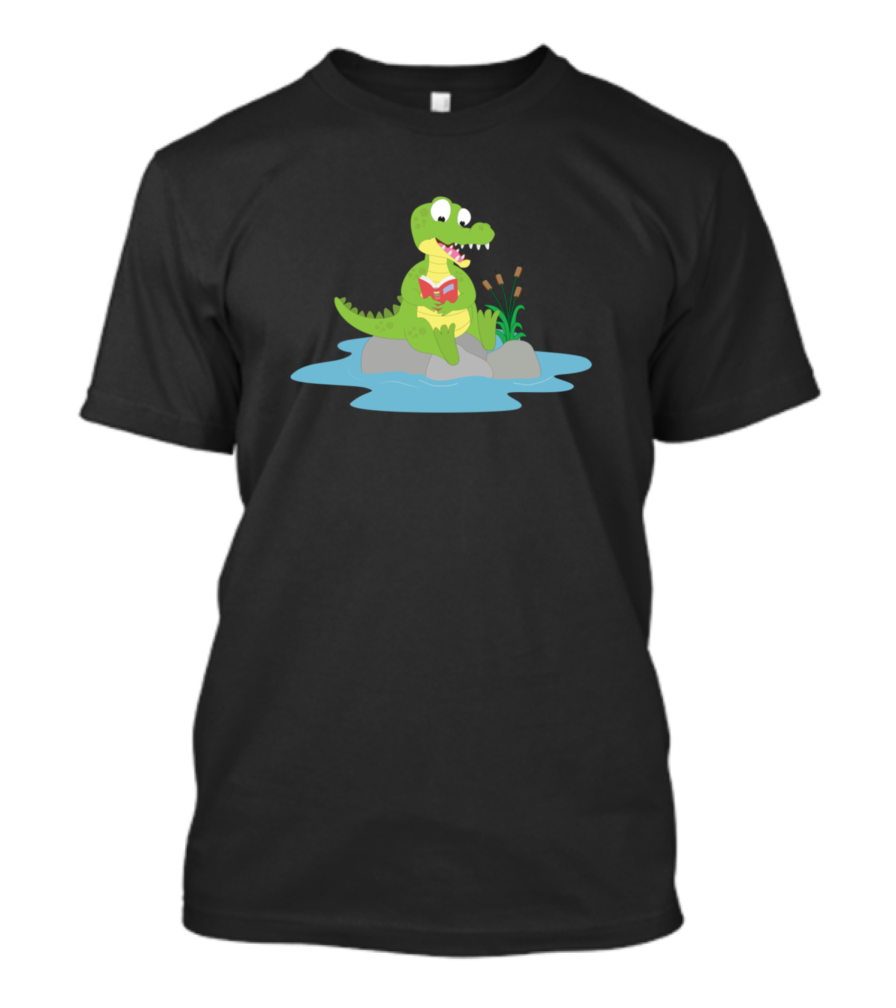 Children Crocodile Reading Book On Rock Motif T-Shirt