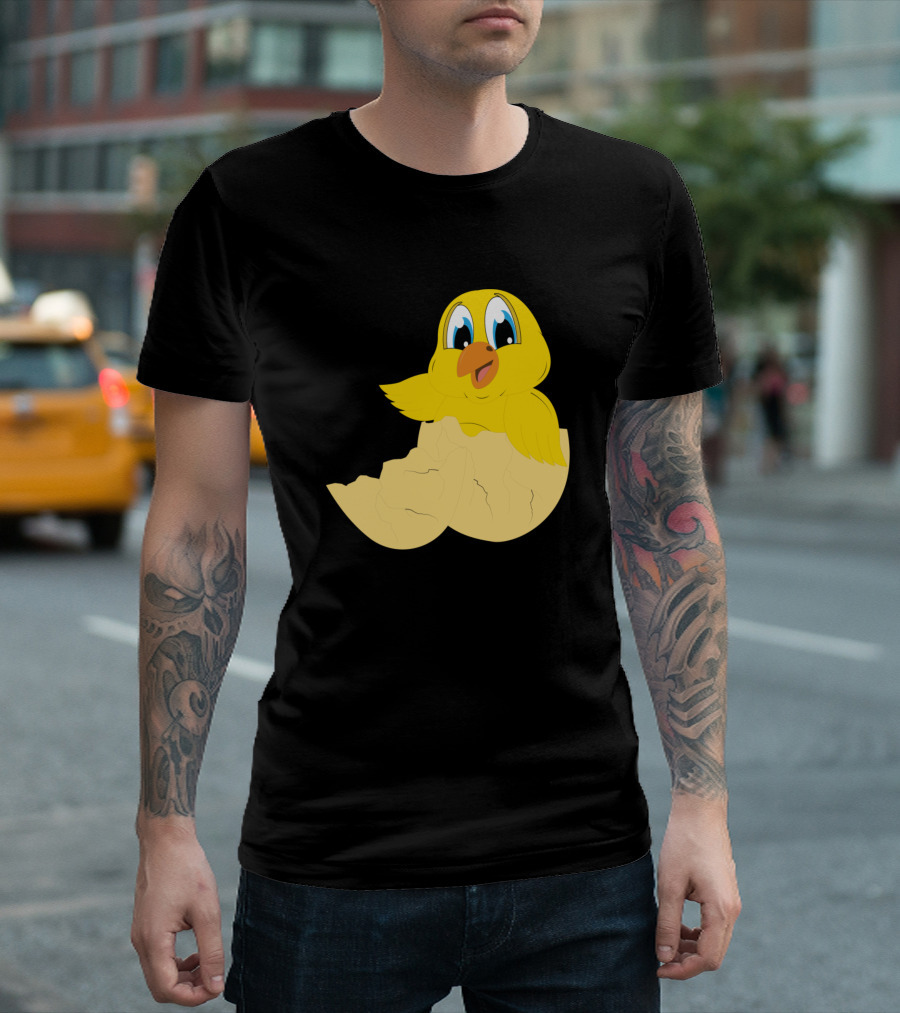 Happy Cartoon Chick in Cracked Yellow Eggshell Motif T-Shirt