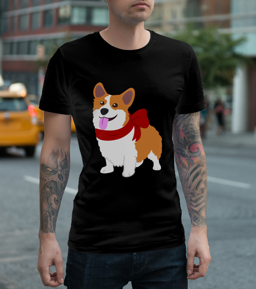Festive Christmas Corgi with Red Bow T-Shirt