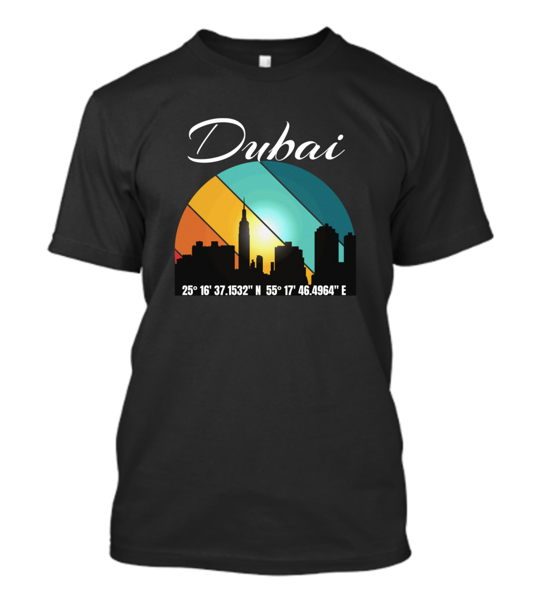 Dubai Skyline With City Coordinates 25°16'37.1532N 55°17'46.4964E T-Shirt