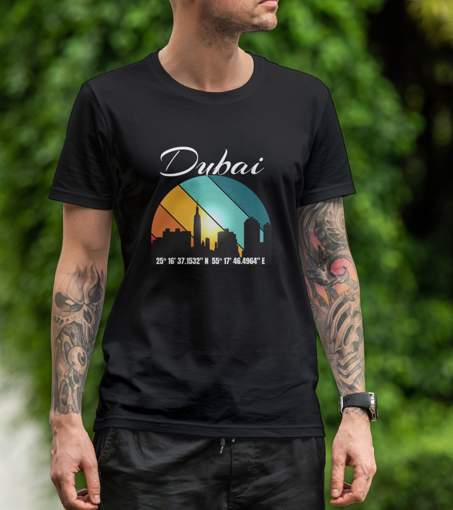 Dubai Skyline With City Coordinates 25°16'37.1532N 55°17'46.4964E T-Shirt