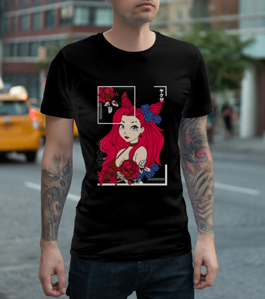 Japanese Yakuza Anime Girl with Red and Blue Flowers T-Shirt
