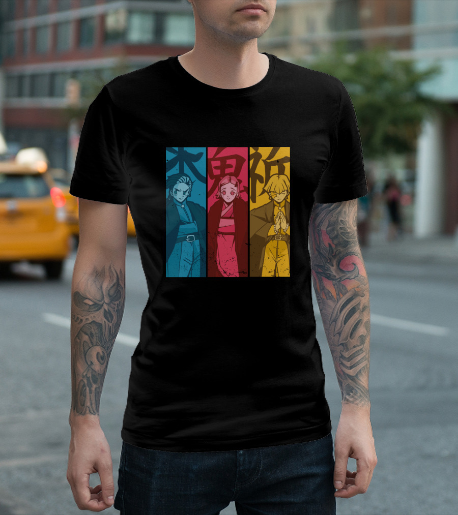Anime Manga Style Kawaii Girl with Blue Red Yellow Panels and Japanese Text T-Shirt