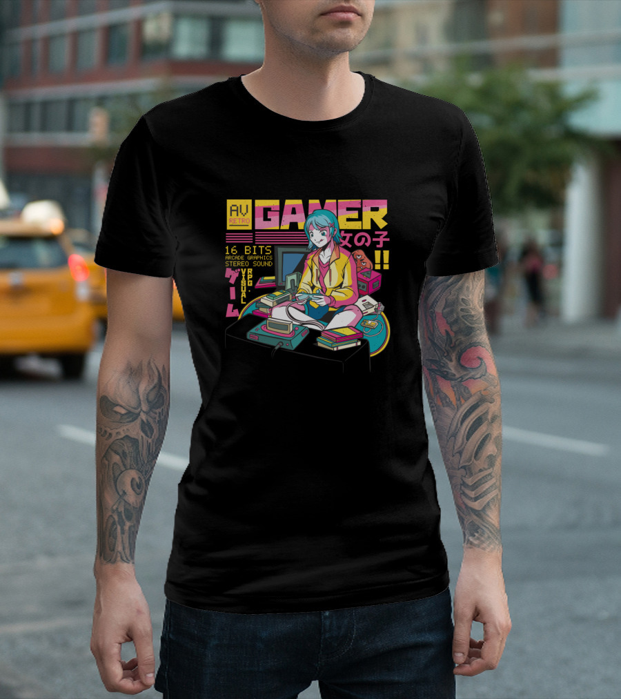 Retro AV Gamer 16 Bits Arcade Graphics Stereo Sound Kawaii Anime Girl T-Shirt