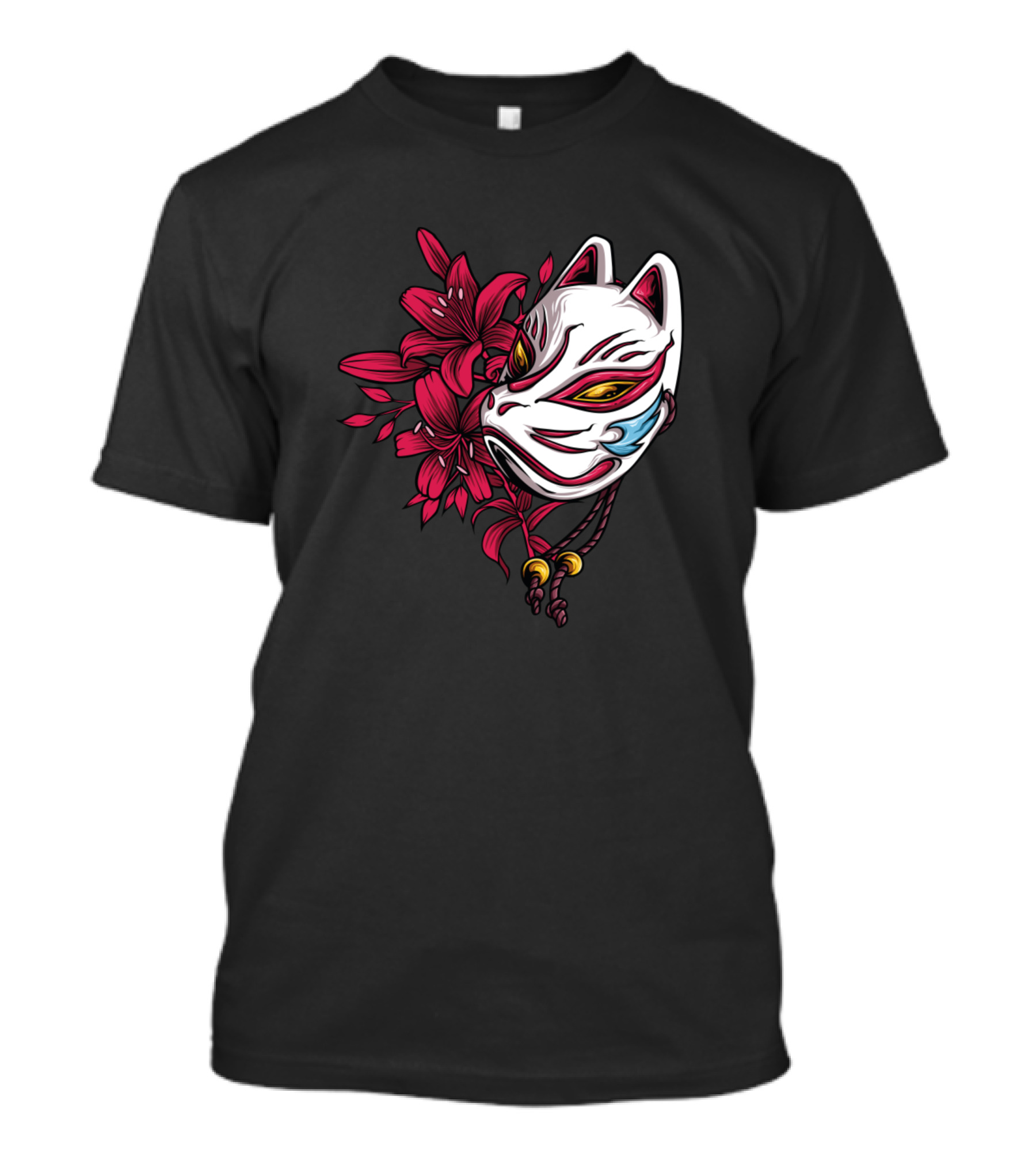 Japanese Kitsune Mask With Red Floral Blossoms T-Shirt