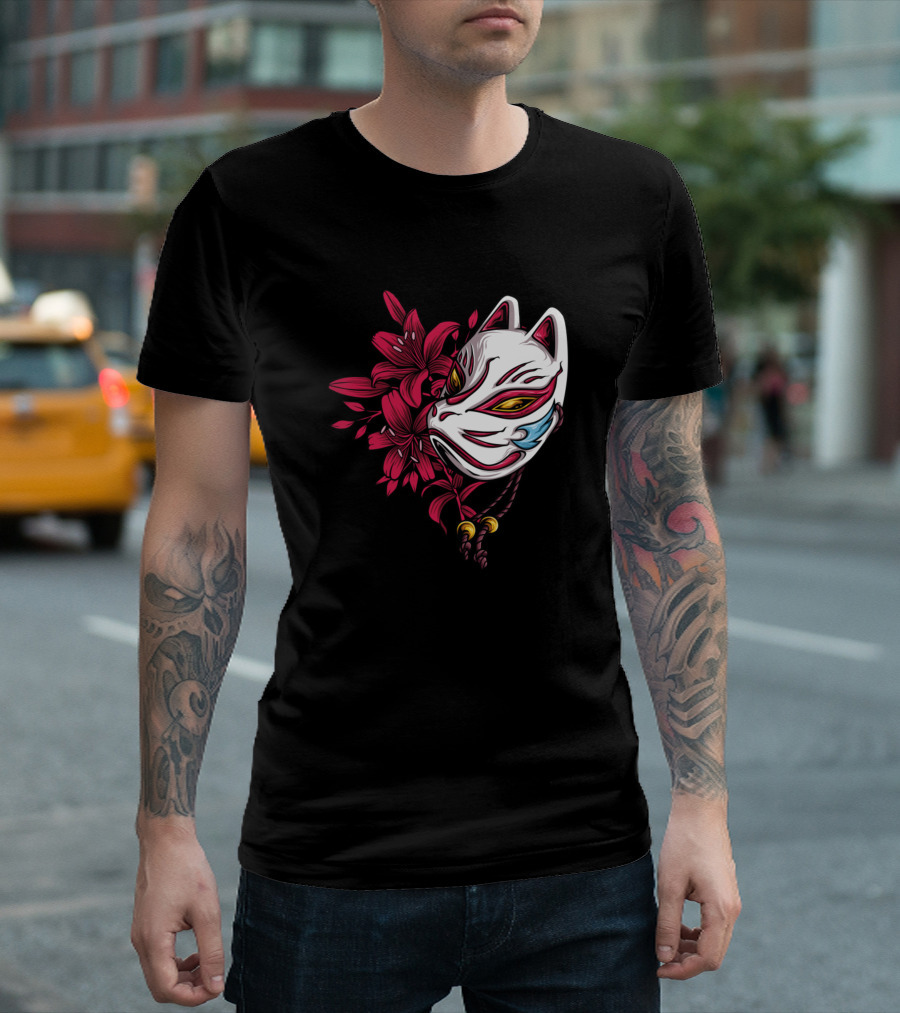 Japanese Kitsune Mask With Red Floral Blossoms T-Shirt