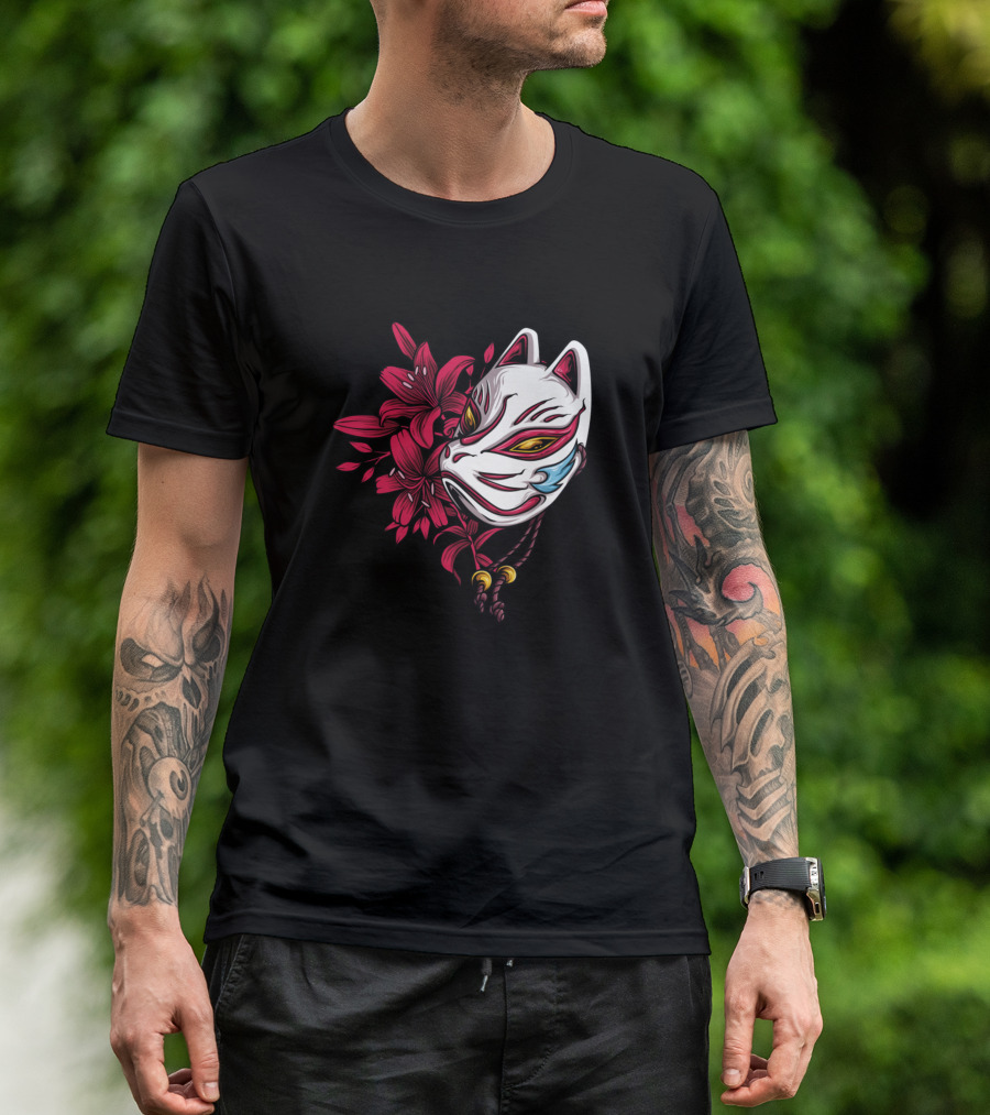Japanese Kitsune Mask With Red Floral Blossoms T-Shirt