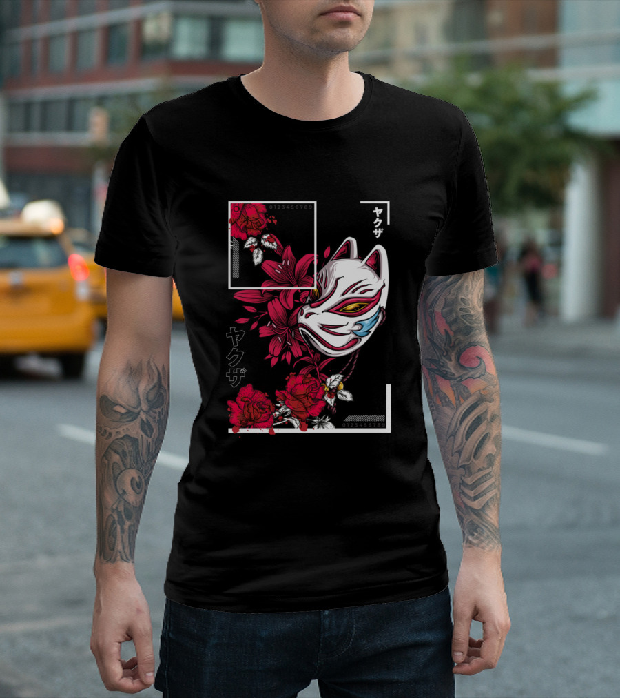 Yakuza Mask Red Flowers Japanese Urban Floral Fox T-Shirt