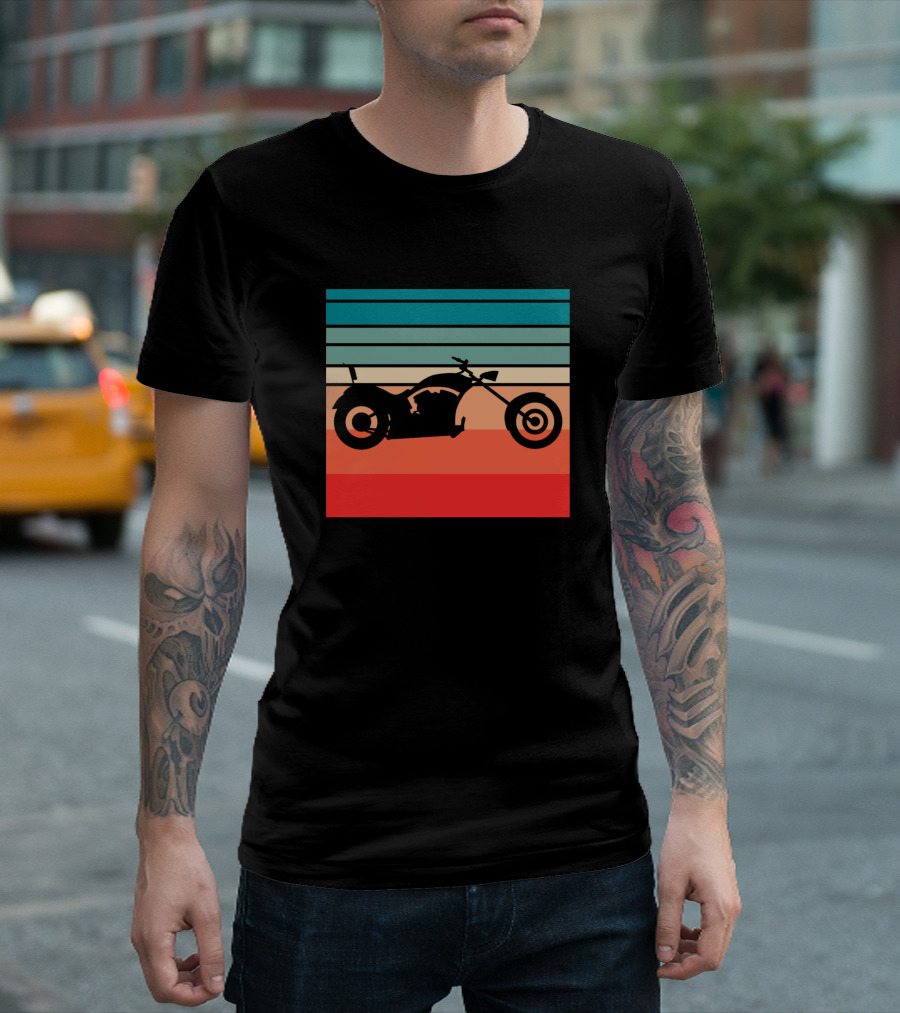 Retro Chopper Sunset Motorcycle Silhouette Stripes T-Shirt
