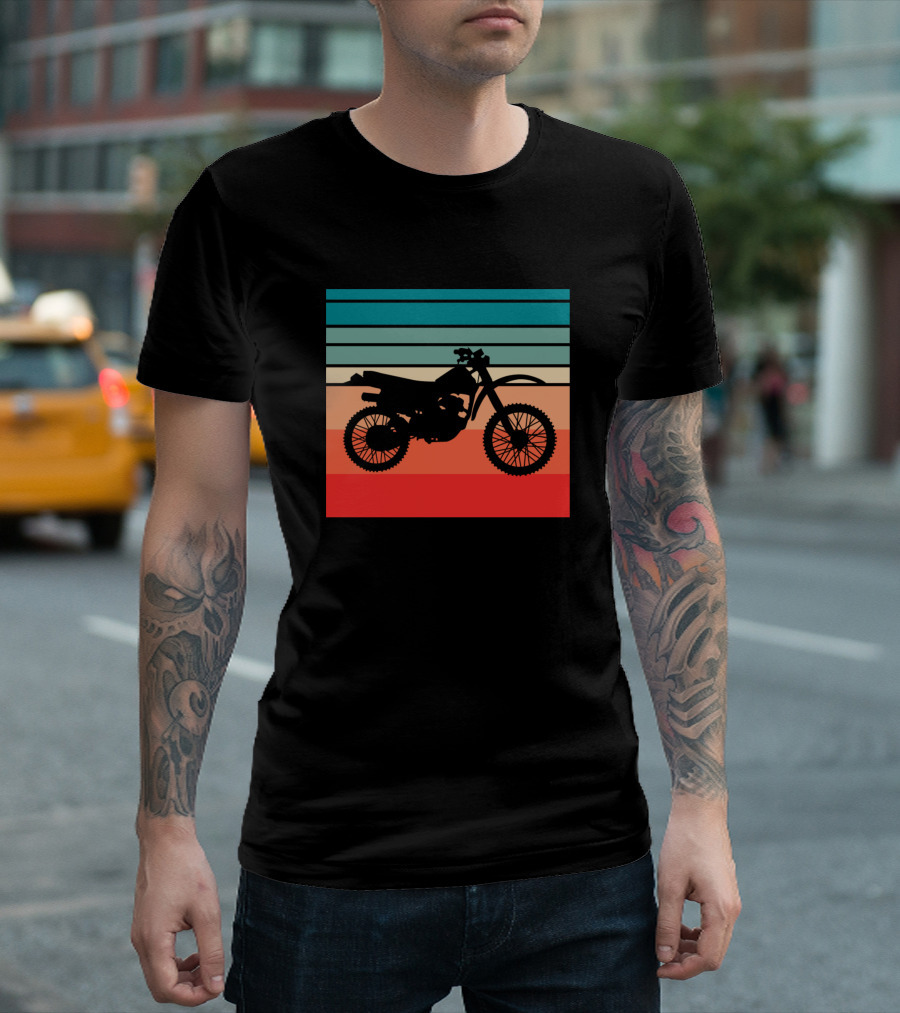 Retro Dirt Bike Silhouette on Striped Sunset Background T-Shirt