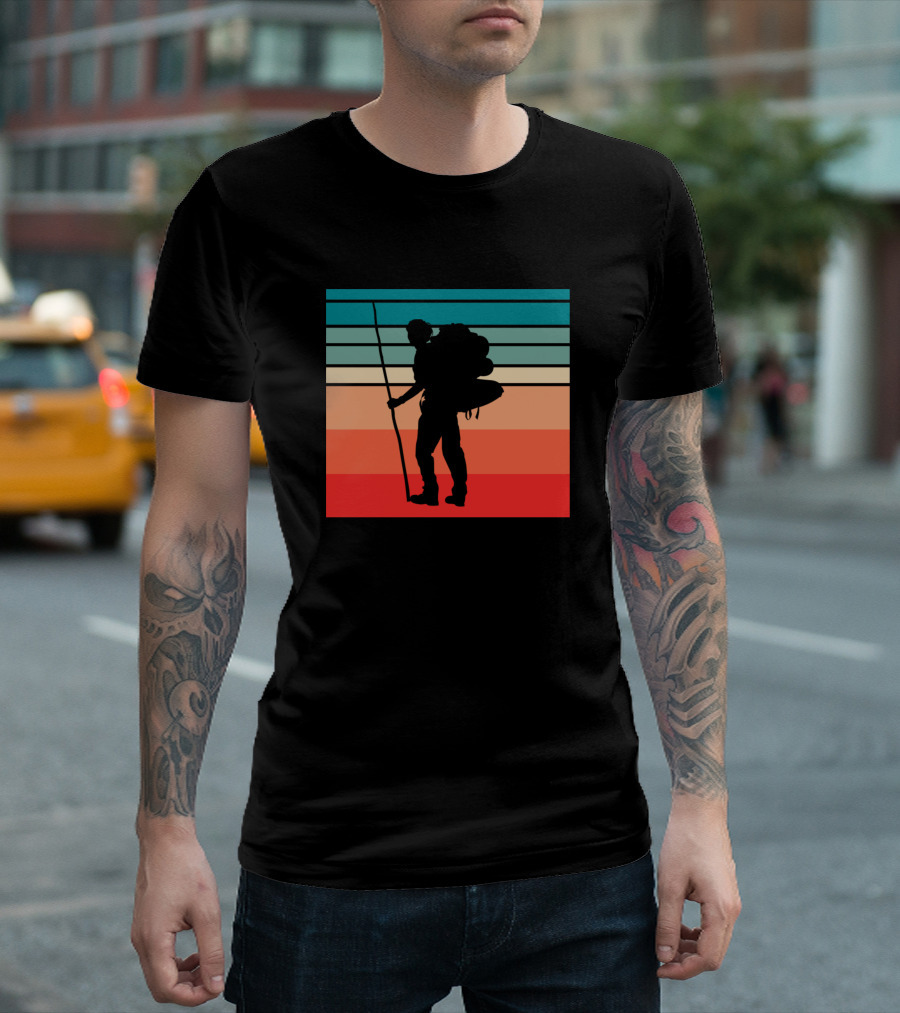 Retro Hiker Silhouette Against Sunset Stripes T-Shirt
