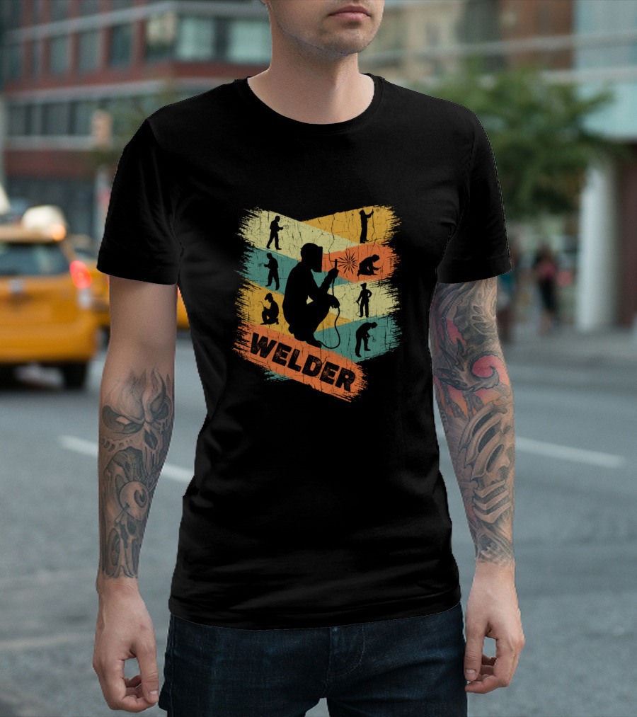 Welder Retro Silhouette Art with Colorful Background Stripes T-Shirt