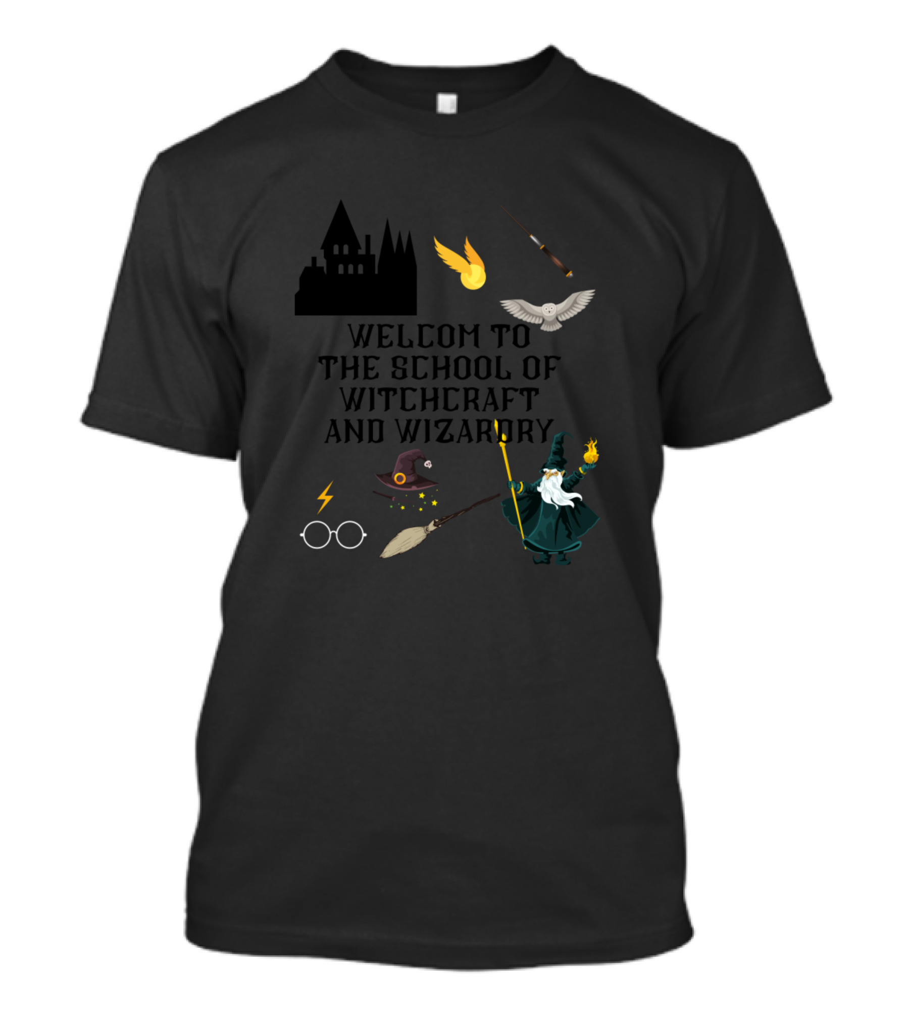 Welcome To The School Of Witchcraft And Wizardry With Castle, Wand, Owl, Glasses, Lightning, Hat, Broom, Wizard, Fire, And Golden Snitch T-Shirt