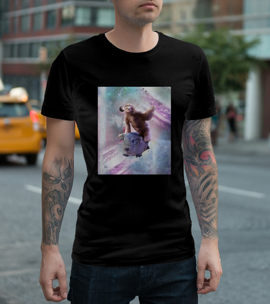 Space Sloth Adventure with Guinea Pig in Cosmic Galaxy T-Shirt