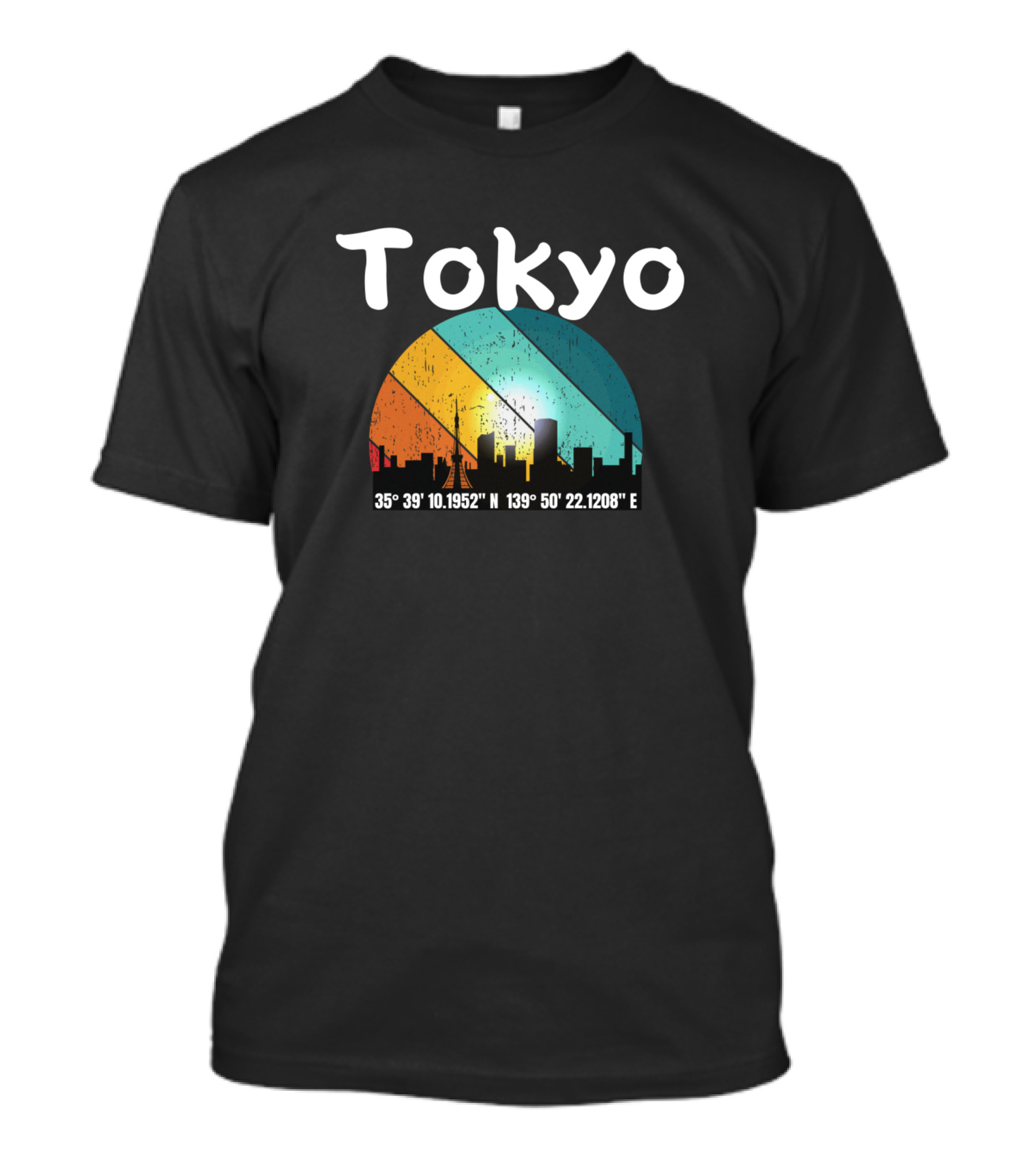 Tokyo Coordinates 35°39'10.1952 N 139°50'22.1208 E Skyline Vintage Rainbow T-Shirt